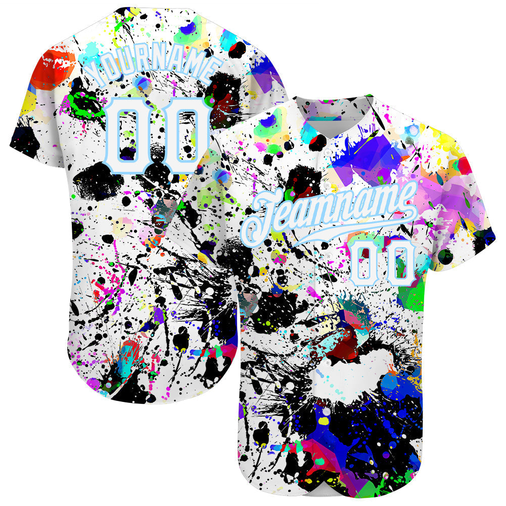 Custom Splashes Graffiti Pattern White-Light Blue 3D Authentic Baseball Jersey baseball jersey product view 1