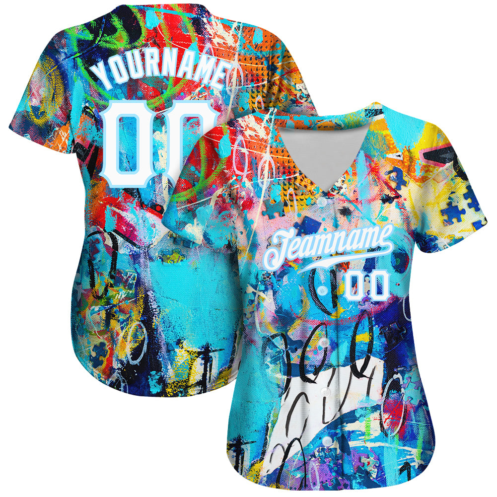 Custom Abstract Graffiti White-Light Blue 3D Authentic Baseball Jersey baseball jersey product view 2