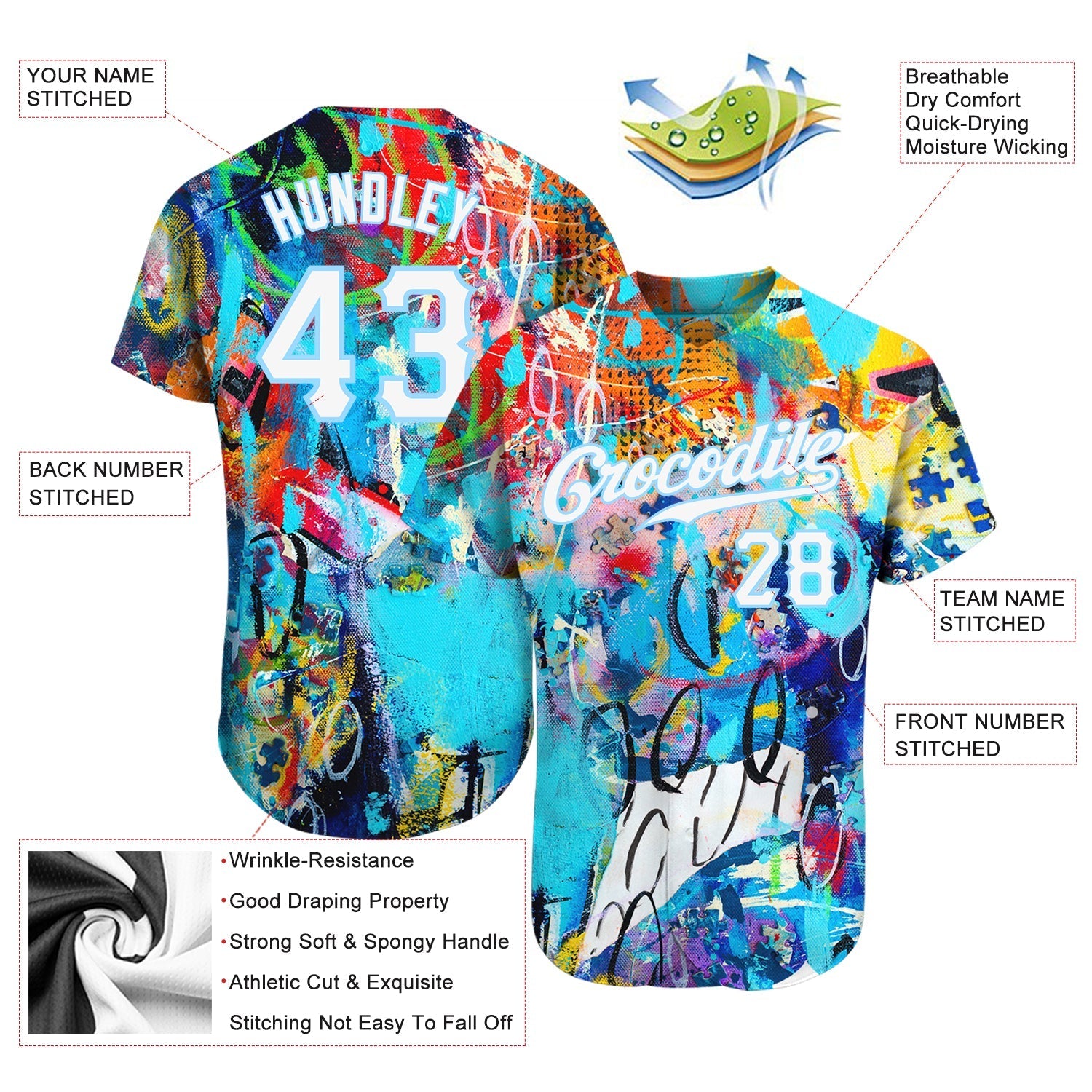 Custom Abstract Graffiti White-Light Blue 3D Authentic Baseball Jersey baseball jersey product view 3