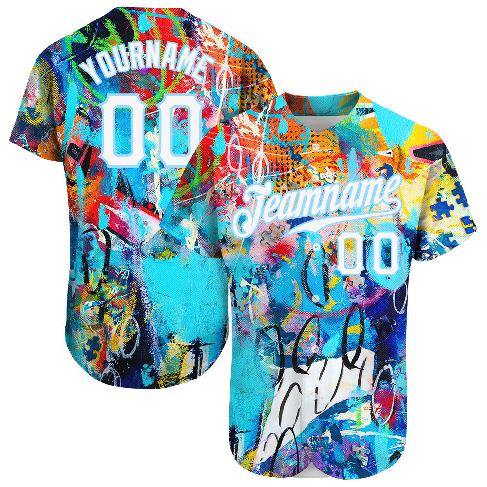 Custom Abstract Graffiti White-Light Blue 3D Authentic Baseball Jersey baseball jersey product view 1