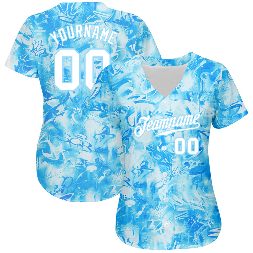 Custom Scratch Graffiti Pattern White-Light Blue 3D Authentic Baseball Jersey baseball jersey product view 2