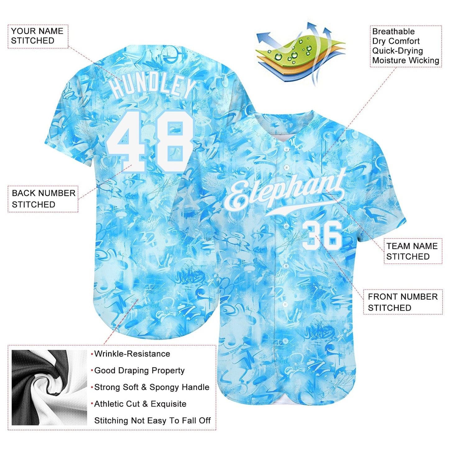 Custom Scratch Graffiti Pattern White-Light Blue 3D Authentic Baseball Jersey baseball jersey product view 3