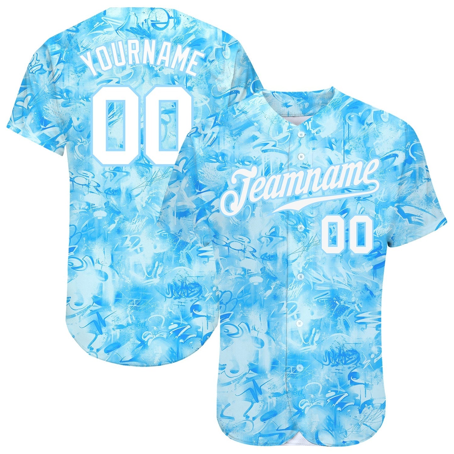 Custom Scratch Graffiti Pattern White-Light Blue 3D Authentic Baseball Jersey baseball jersey product view 1