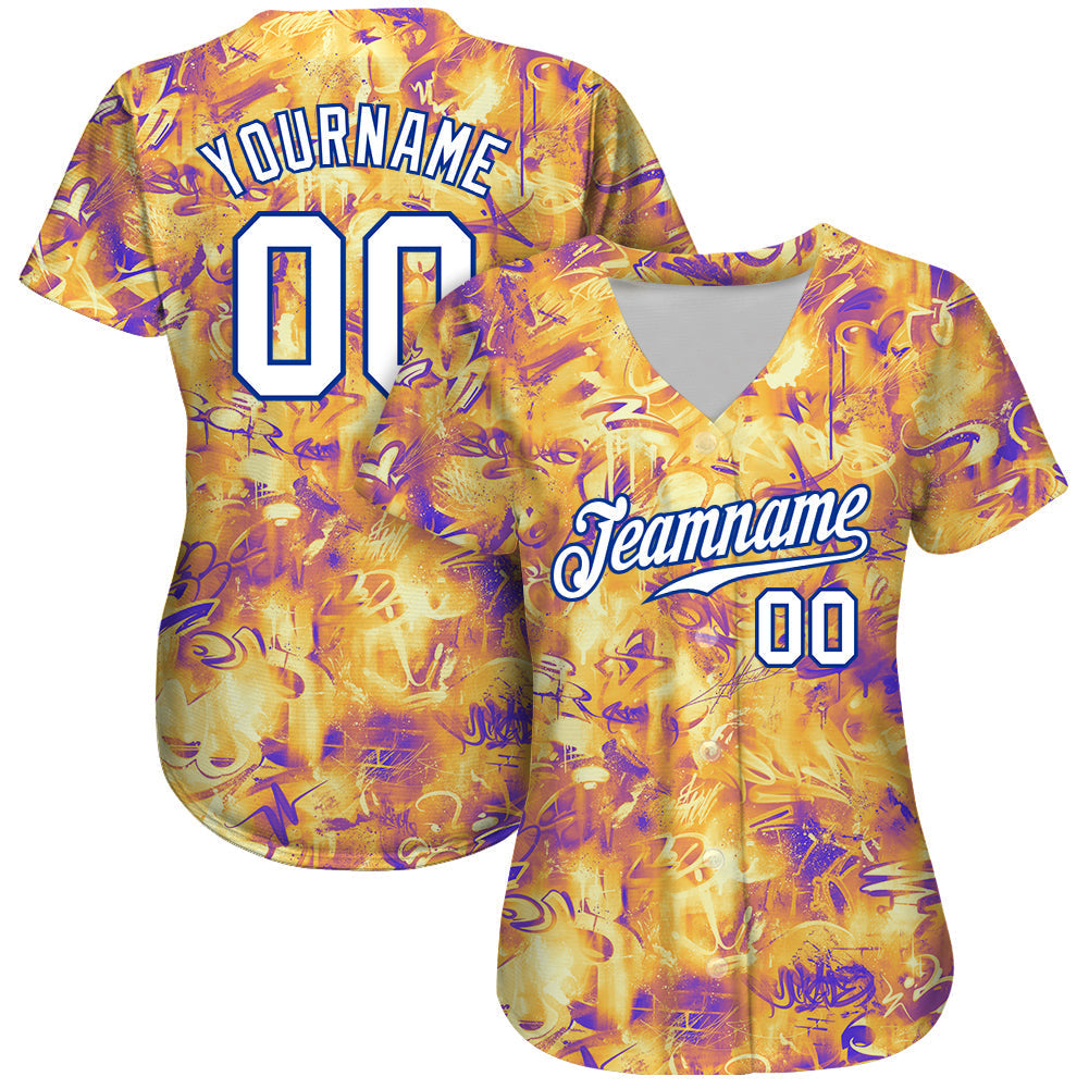Custom Scratch Graffiti Pattern White-Royal 3D Authentic Baseball Jersey baseball jersey product view 2