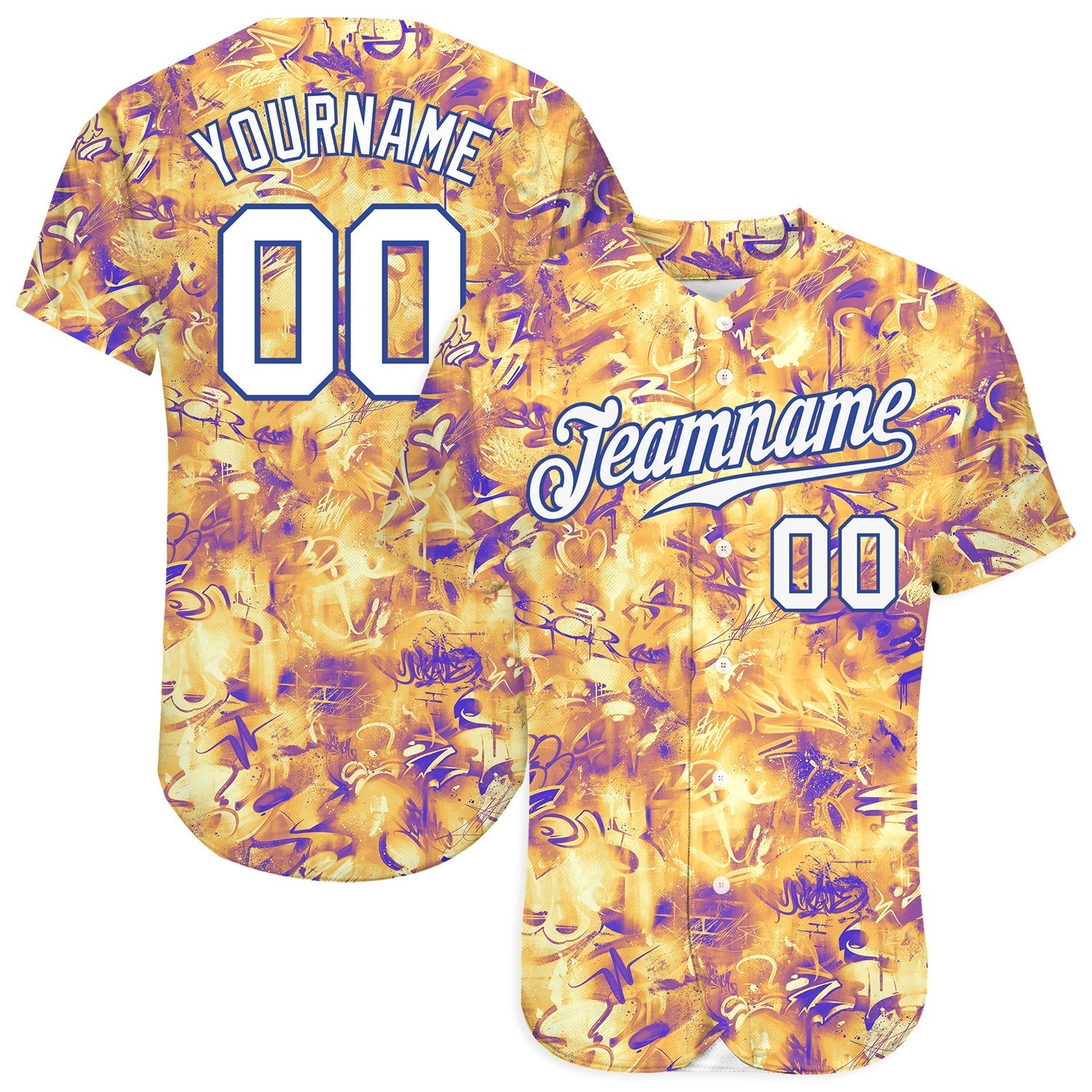 Custom Scratch Graffiti Pattern White-Royal 3D Authentic Baseball Jersey baseball jersey product view 1