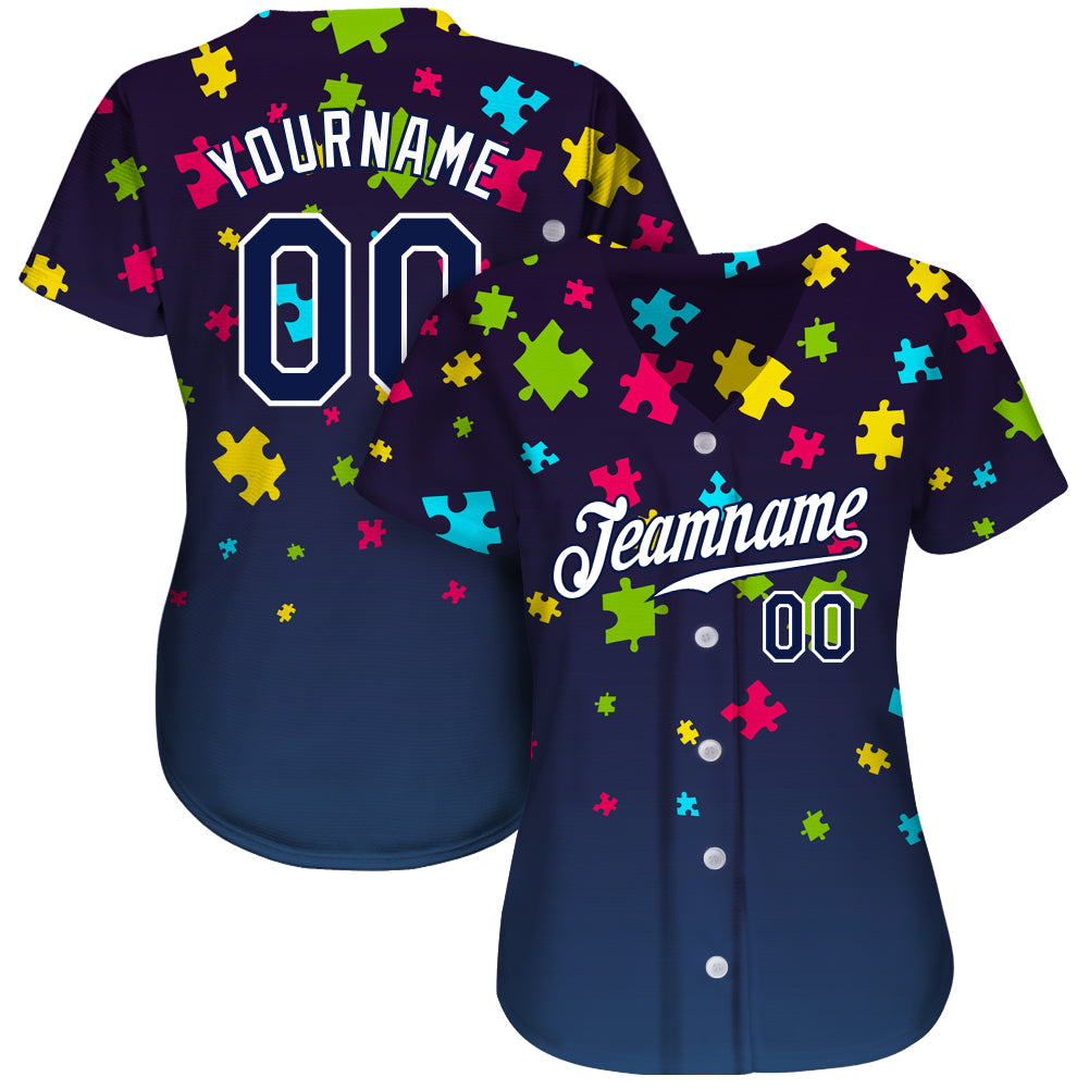 Custom Autism Supporter Awareness Puzzle Pieces Navy-White 3D Authentic Baseball Jersey baseball jersey product view 2