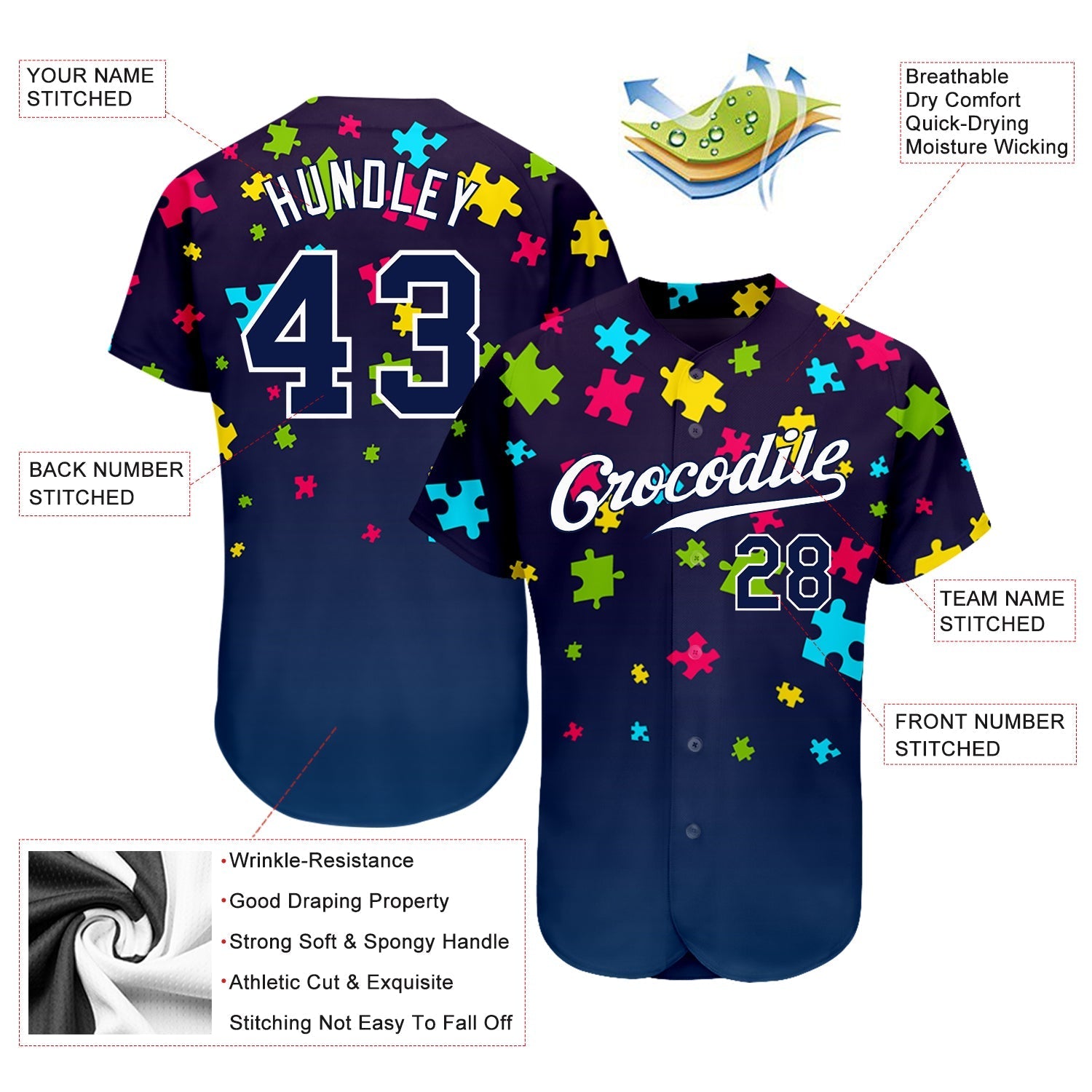 Custom Autism Supporter Awareness Puzzle Pieces Navy-White 3D Authentic Baseball Jersey baseball jersey product view 3