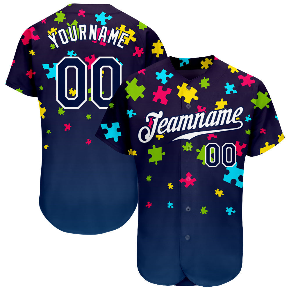Custom Autism Supporter Awareness Puzzle Pieces Navy-White 3D Authentic Baseball Jersey baseball jersey product view 1