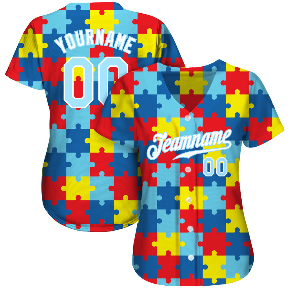 Custom Autism Supporter Awareness Puzzle Pieces Light Blue-White 3D Authentic Baseball Jersey baseball jersey product view 2