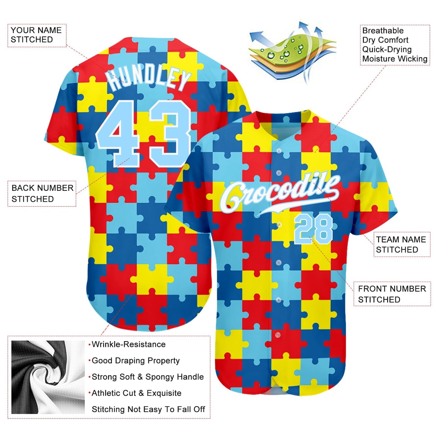 Custom Autism Supporter Awareness Puzzle Pieces Light Blue-White 3D Authentic Baseball Jersey baseball jersey product view 3