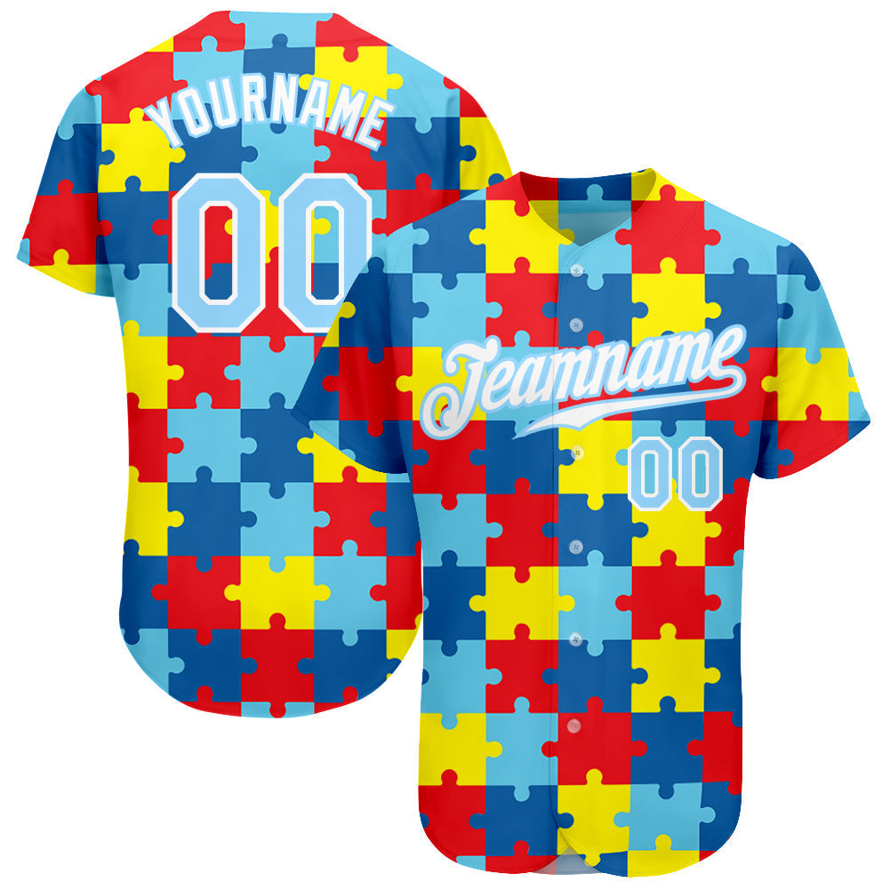 Custom Autism Supporter Awareness Puzzle Pieces Light Blue-White 3D Authentic Baseball Jersey baseball jersey product view 1