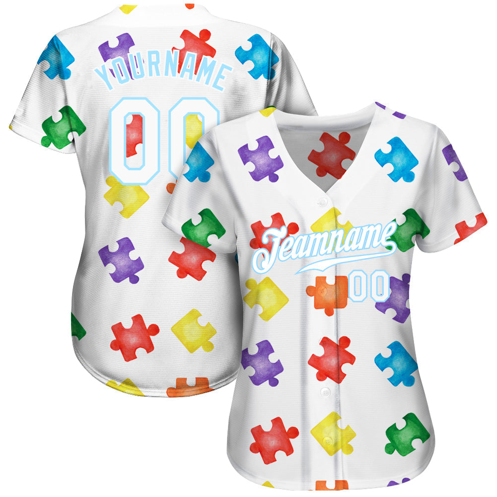 Custom Autism Supporter Awareness Puzzle Pieces White-Light Blue 3D Authentic Baseball Jersey baseball jersey product view 2