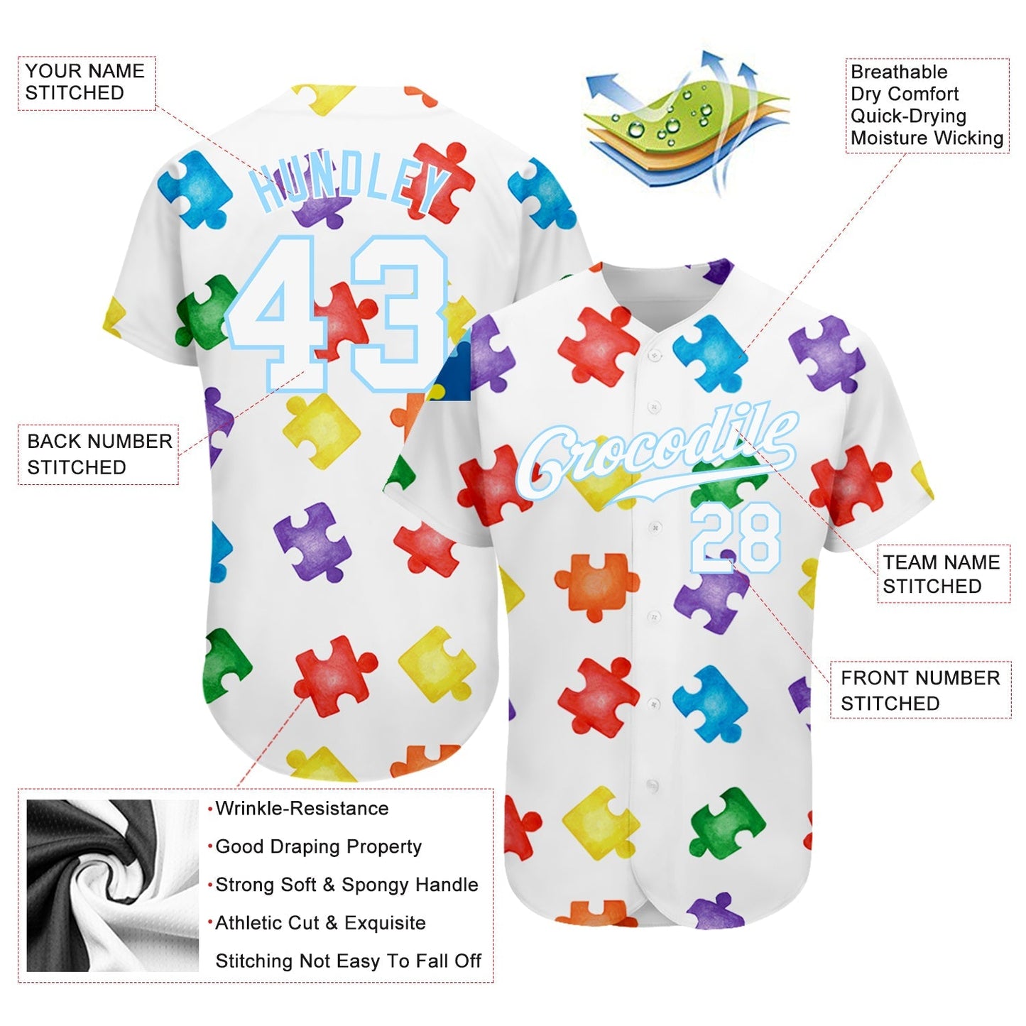 Custom Autism Supporter Awareness Puzzle Pieces White-Light Blue 3D Authentic Baseball Jersey baseball jersey product view 3