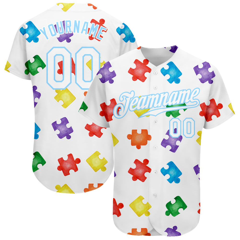 Custom Autism Supporter Awareness Puzzle Pieces White-Light Blue 3D Authentic Baseball Jersey baseball jersey product view 1