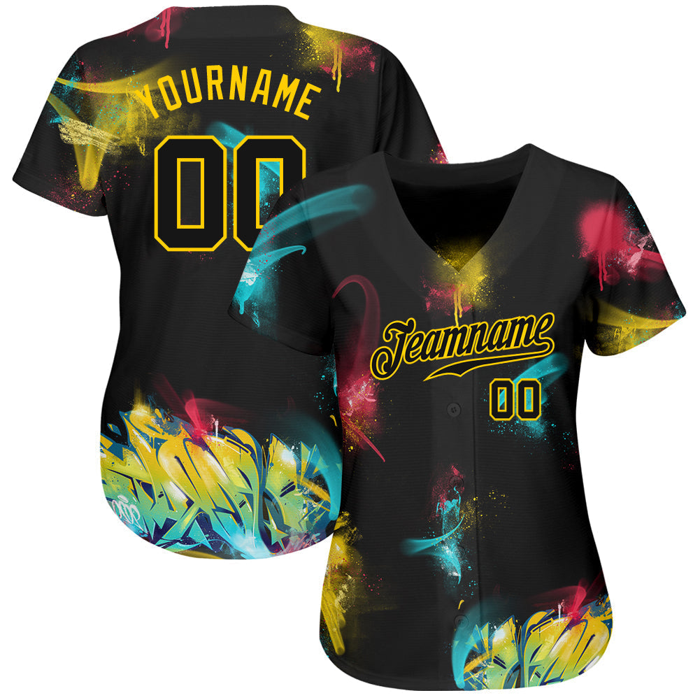 Custom Graffiti Pattern Black-Gold 3D Authentic Baseball Jersey baseball jersey product view 2