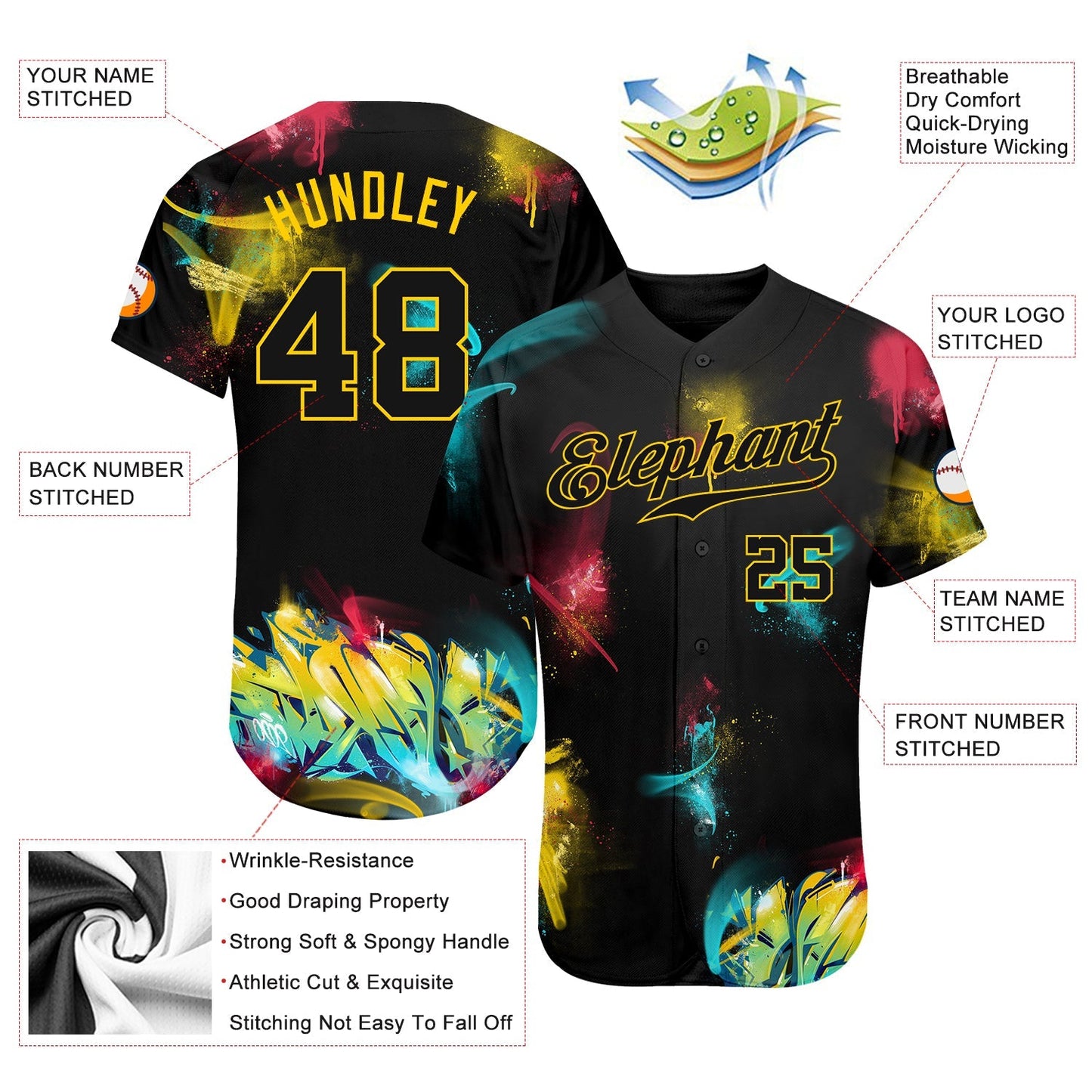 Custom Graffiti Pattern Black-Gold 3D Authentic Baseball Jersey baseball jersey product view 3