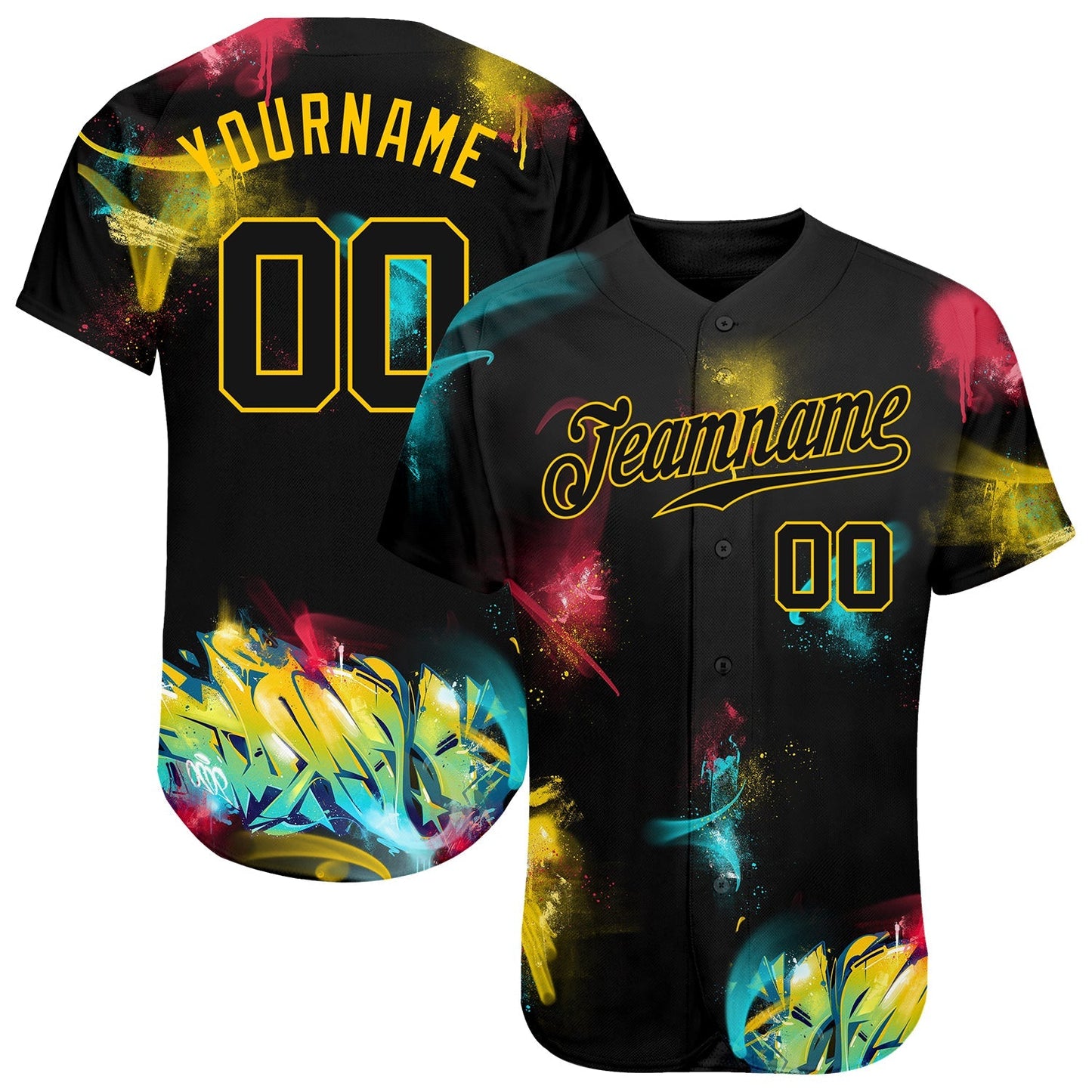 Custom Graffiti Pattern Black-Gold 3D Authentic Baseball Jersey baseball jersey product view 1