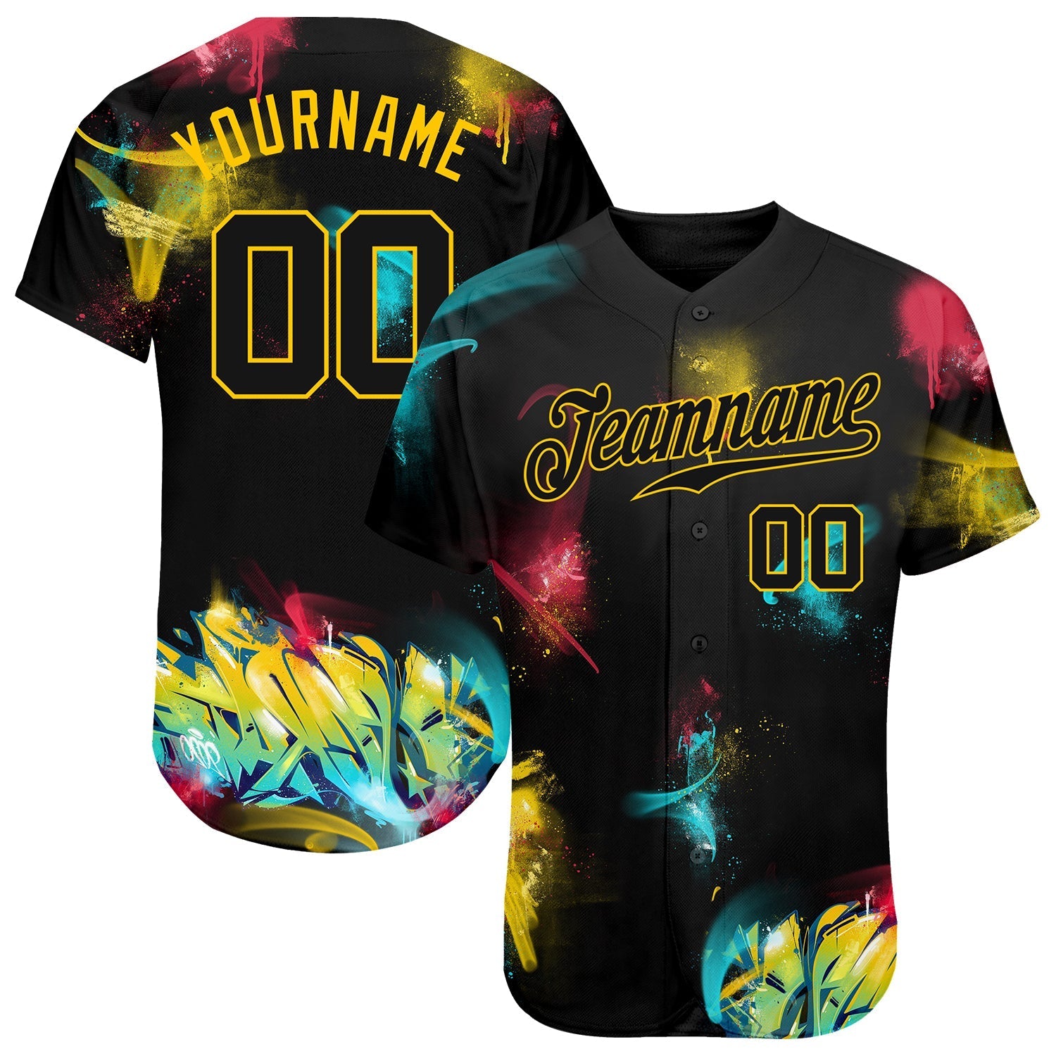 Custom Graffiti Pattern Black-Gold 3D Authentic Baseball Jersey baseball jersey product view 1