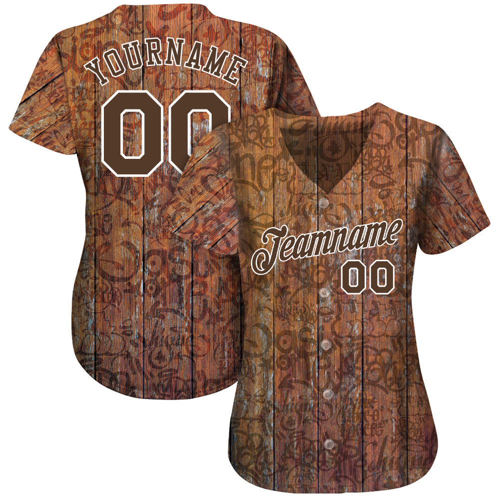 Custom Graffiti Pattern Brown-White 3D Wood Authentic Baseball Jersey baseball jersey product view 2