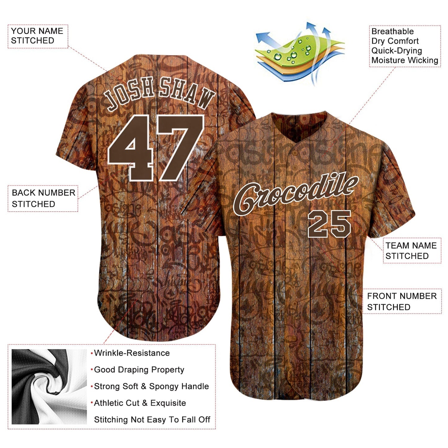 Custom Graffiti Pattern Brown-White 3D Wood Authentic Baseball Jersey baseball jersey product view 3