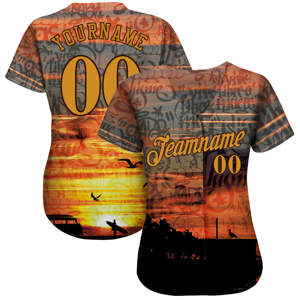 Custom Graffiti Pattern Gold-Brown 3D Beach Authentic Baseball Jersey baseball jersey product view 2
