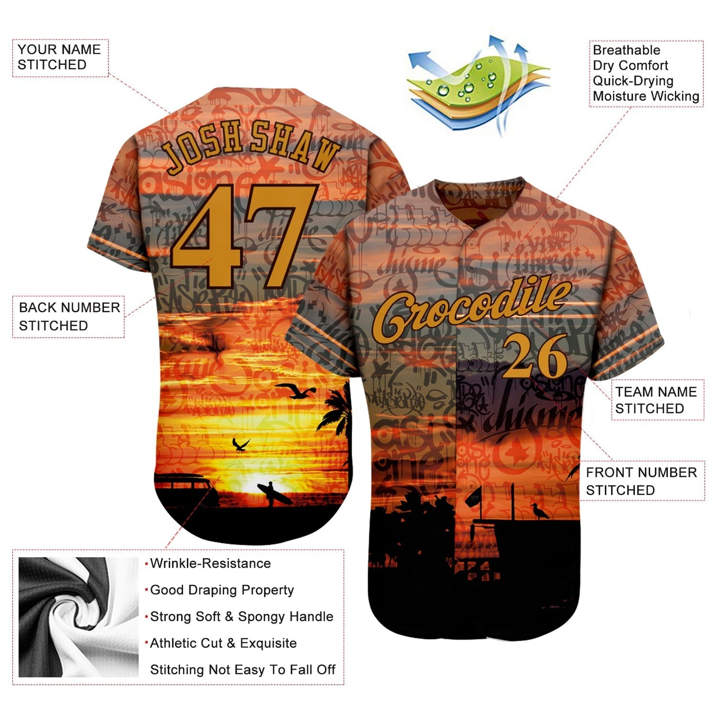 Custom Graffiti Pattern Gold-Brown 3D Beach Authentic Baseball Jersey baseball jersey product view 3