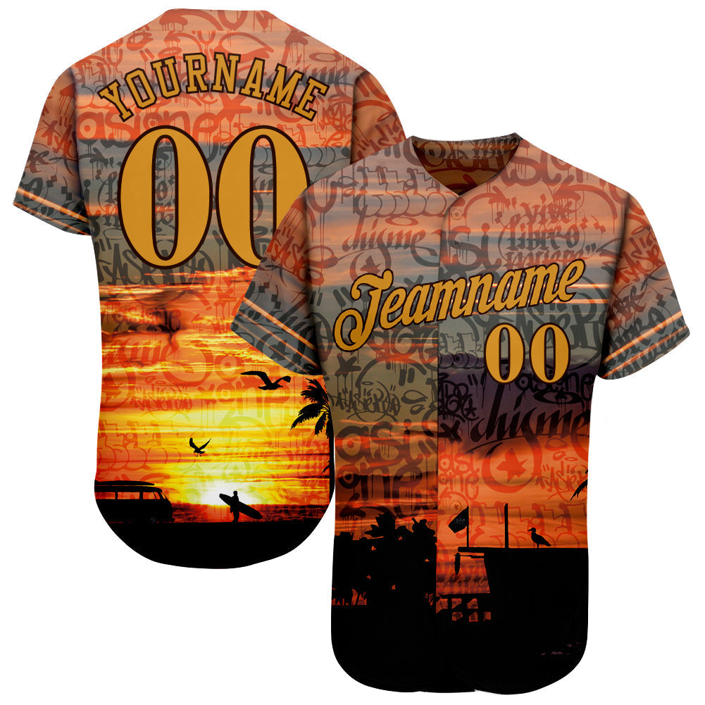 Custom Graffiti Pattern Gold-Brown 3D Beach Authentic Baseball Jersey baseball jersey product view 1