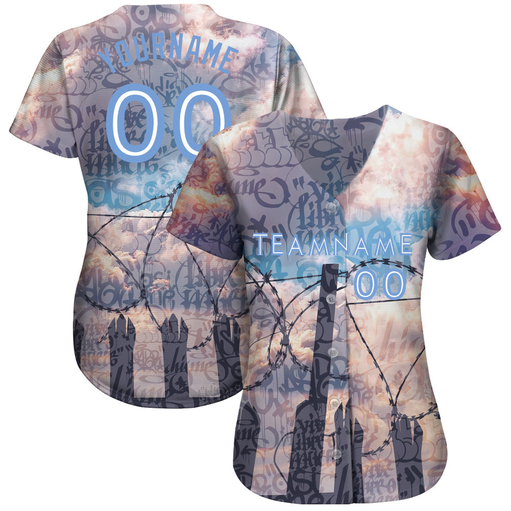 Custom Graffiti Pattern Light Blue-White 3D Freedom Authentic Baseball Jersey baseball jersey product view 2