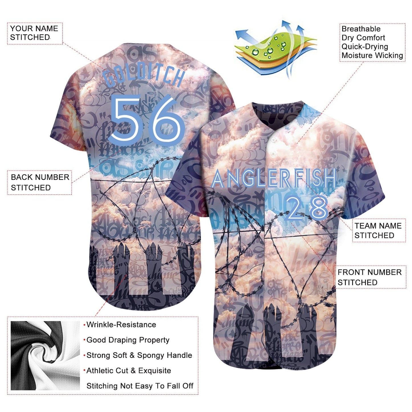 Custom Graffiti Pattern Light Blue-White 3D Freedom Authentic Baseball Jersey baseball jersey product view 3