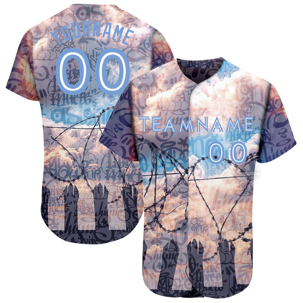 Custom Graffiti Pattern Light Blue-White 3D Freedom Authentic Baseball Jersey baseball jersey product view 1