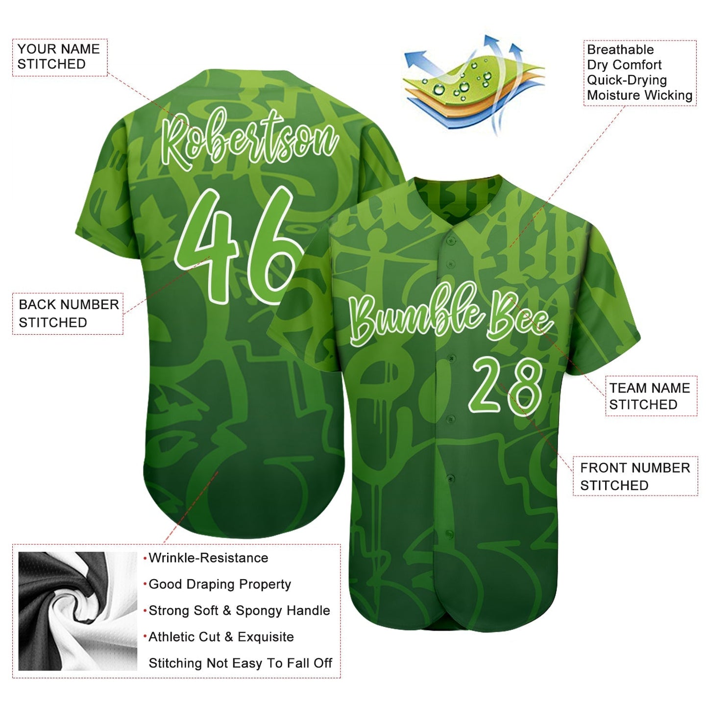 Custom Graffiti Pattern Green-White 3D Green Authentic Baseball Jersey baseball jersey product view 3
