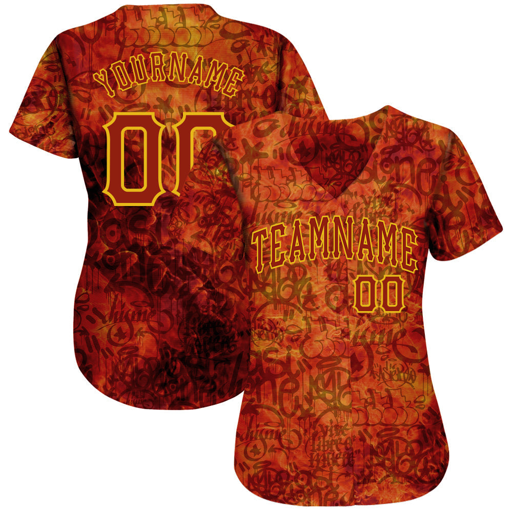 Custom Graffiti Pattern Red-Gold 3D Fire Authentic Baseball Jersey baseball jersey product view 2