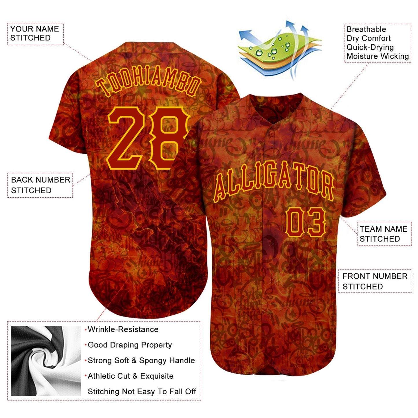 Custom Graffiti Pattern Red-Gold 3D Fire Authentic Baseball Jersey baseball jersey product view 3