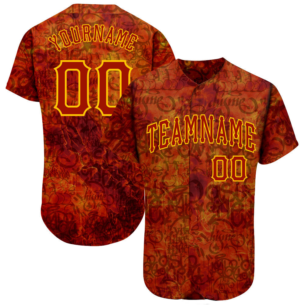 Custom Graffiti Pattern Red-Gold 3D Fire Authentic Baseball Jersey baseball jersey product view 1