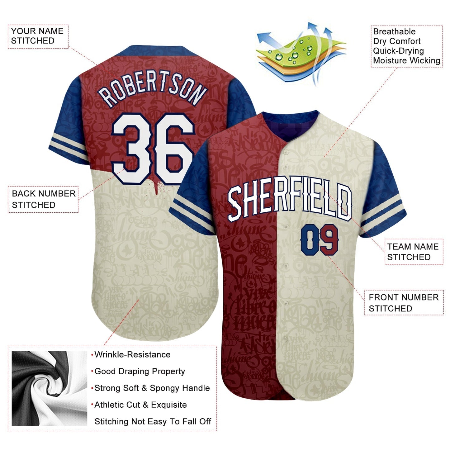 Custom Graffiti Pattern White-Royal 3D Tommy Authentic Baseball Jersey baseball jersey product view 3