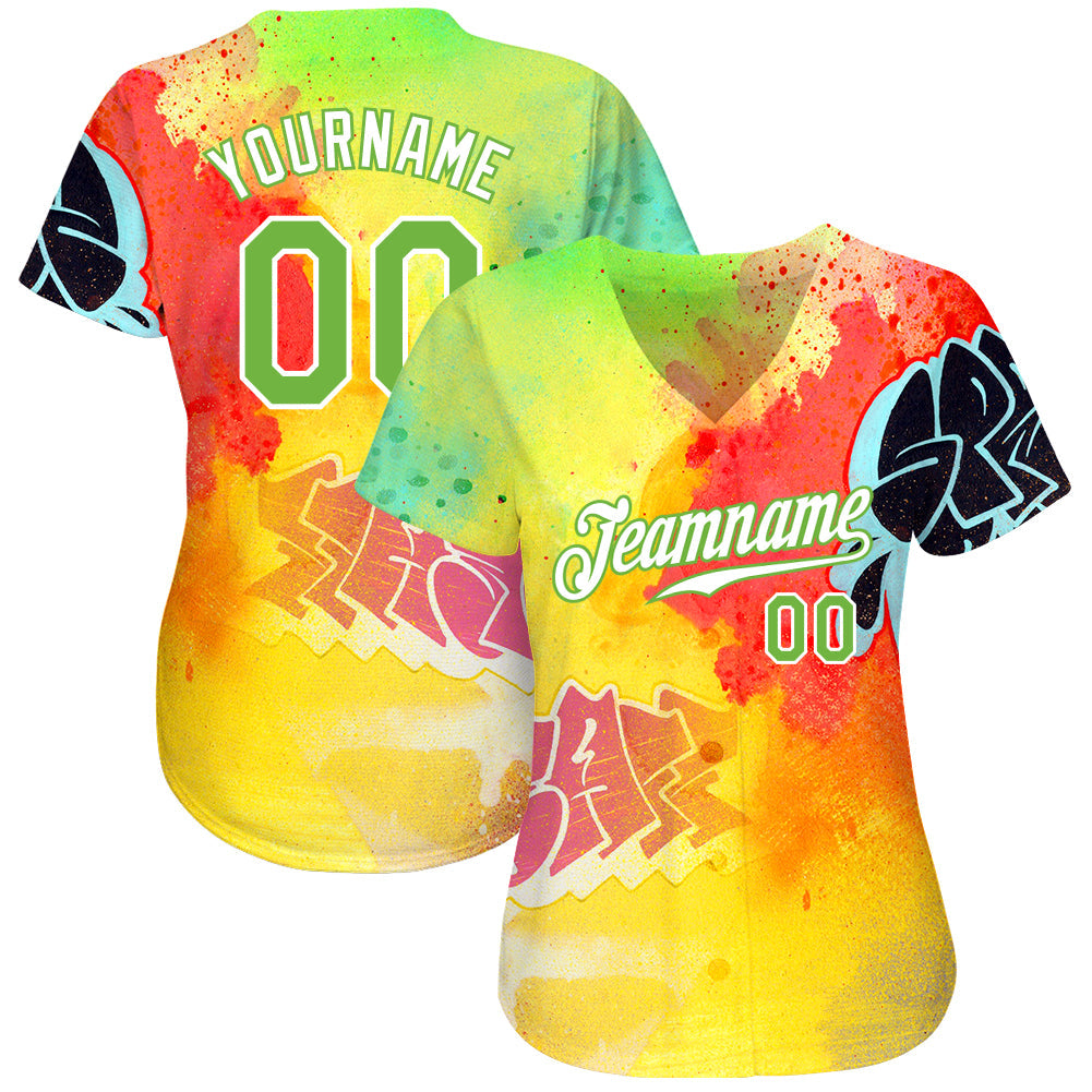 Custom Graffiti Pattern Neon Green-White 3D Authentic Baseball Jersey baseball jersey product view 2