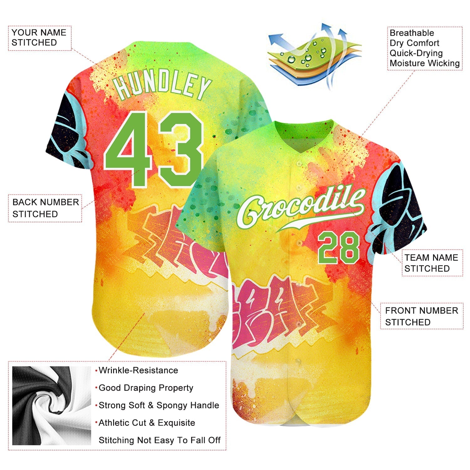 Custom Graffiti Pattern Neon Green-White 3D Authentic Baseball Jersey baseball jersey product view 3