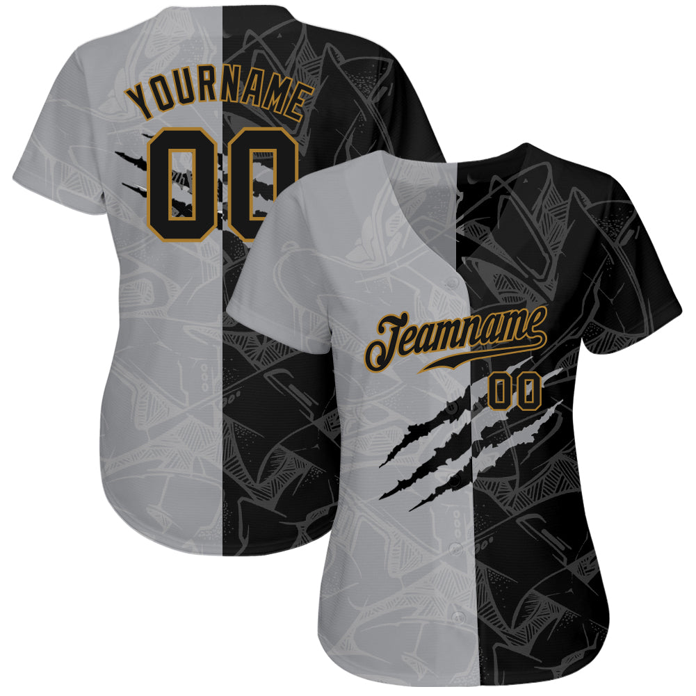 Custom Graffiti Pattern Black-Old Gold 3D Authentic Baseball Jersey baseball jersey product view 2