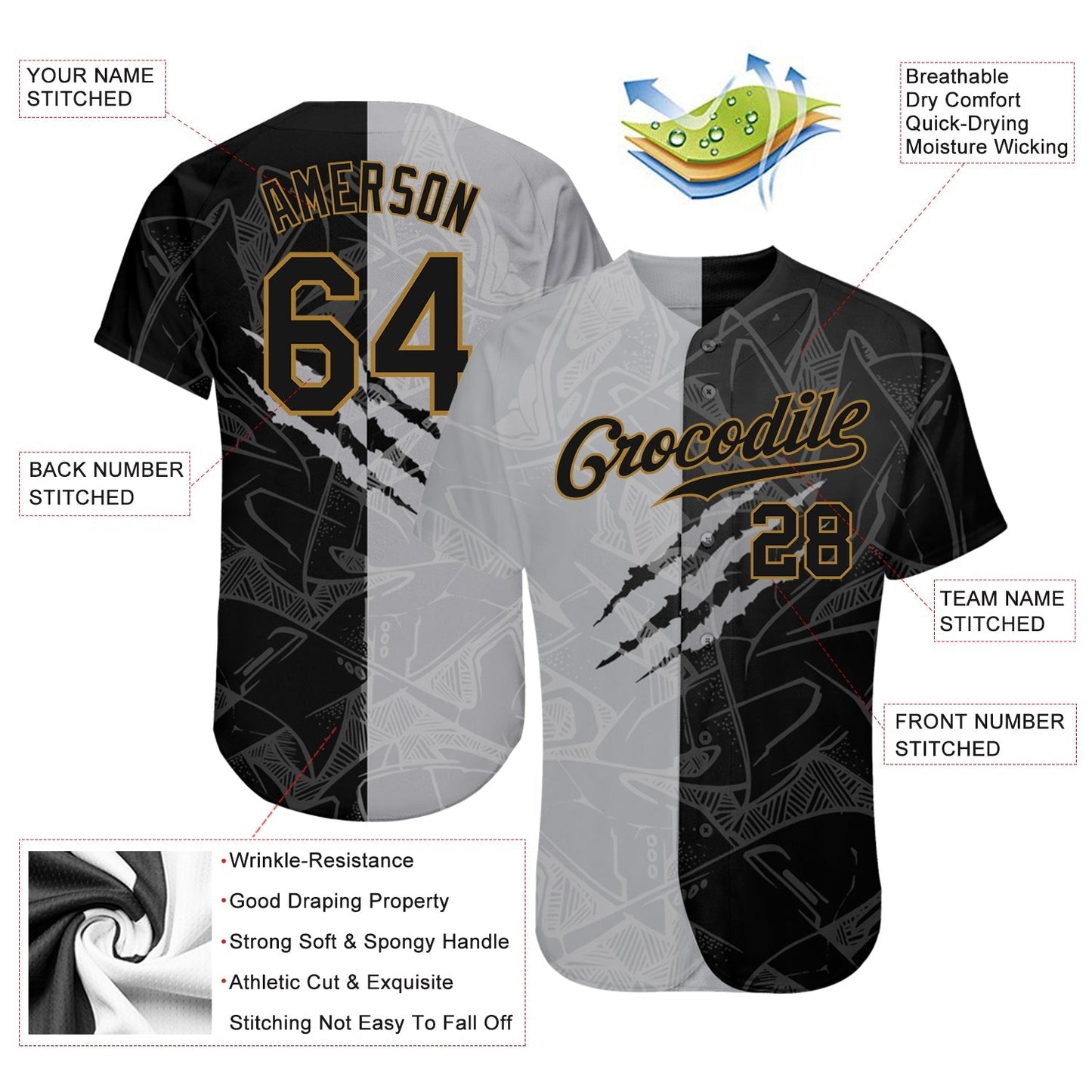 Custom Graffiti Pattern Black-Old Gold 3D Authentic Baseball Jersey baseball jersey product view 3