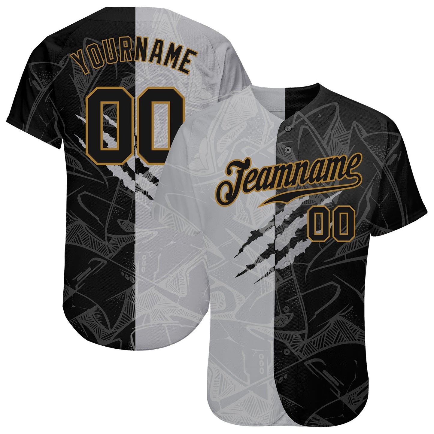 Custom Graffiti Pattern Black-Old Gold 3D Authentic Baseball Jersey baseball jersey product view 1