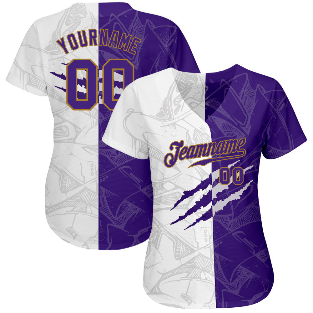 Custom Graffiti Pattern Purple-Old Gold 3D Authentic Baseball Jersey baseball jersey product view 2