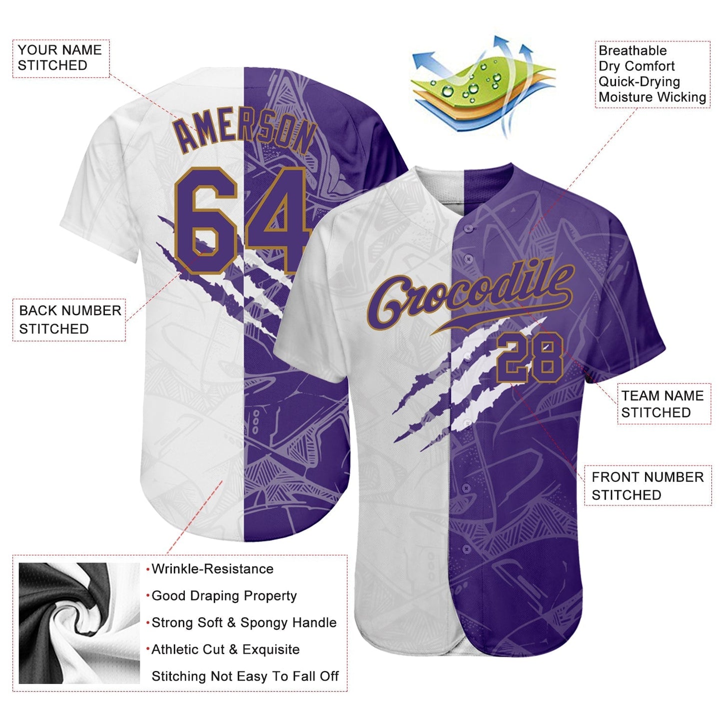 Custom Graffiti Pattern Purple-Old Gold 3D Authentic Baseball Jersey baseball jersey product view 3
