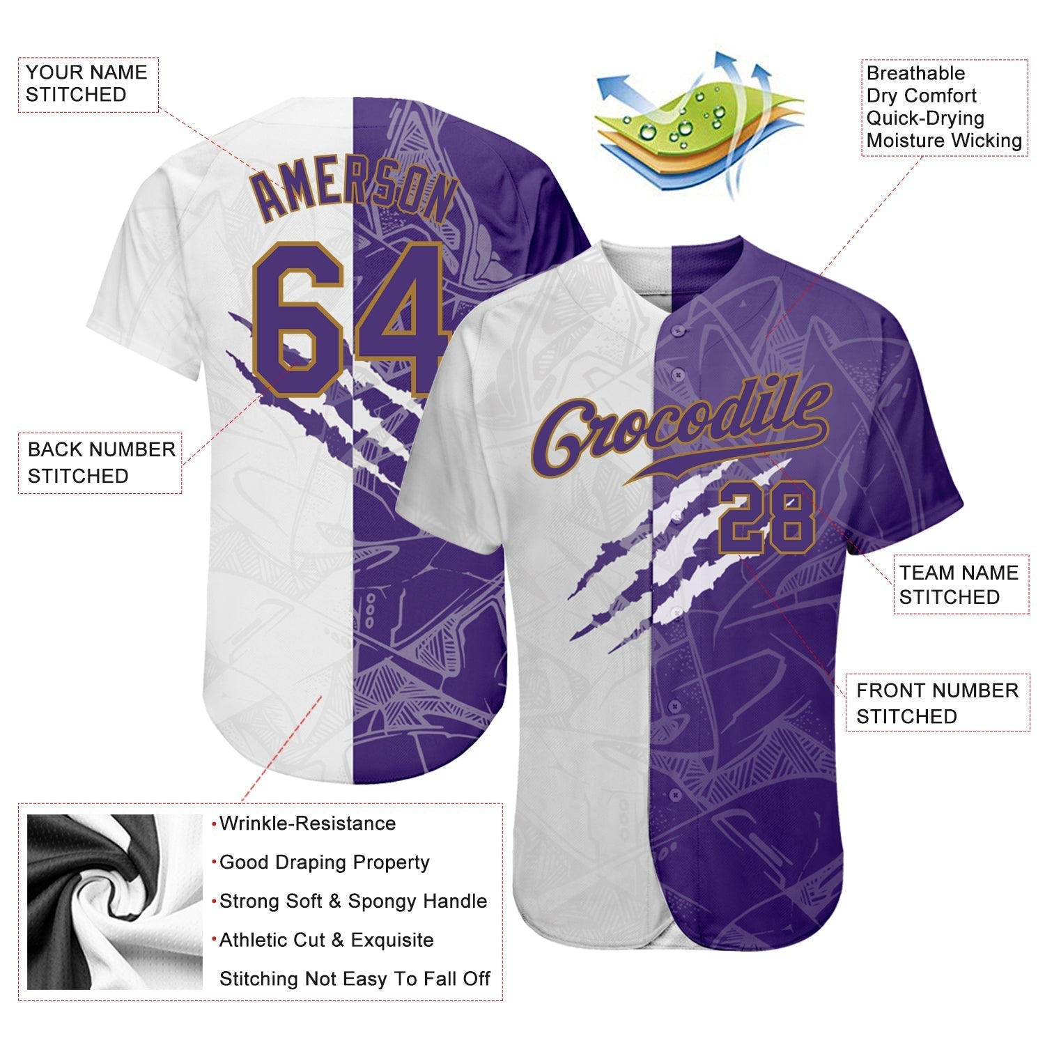 Custom Graffiti Pattern Purple-Old Gold 3D Authentic Baseball Jersey baseball jersey product view 3