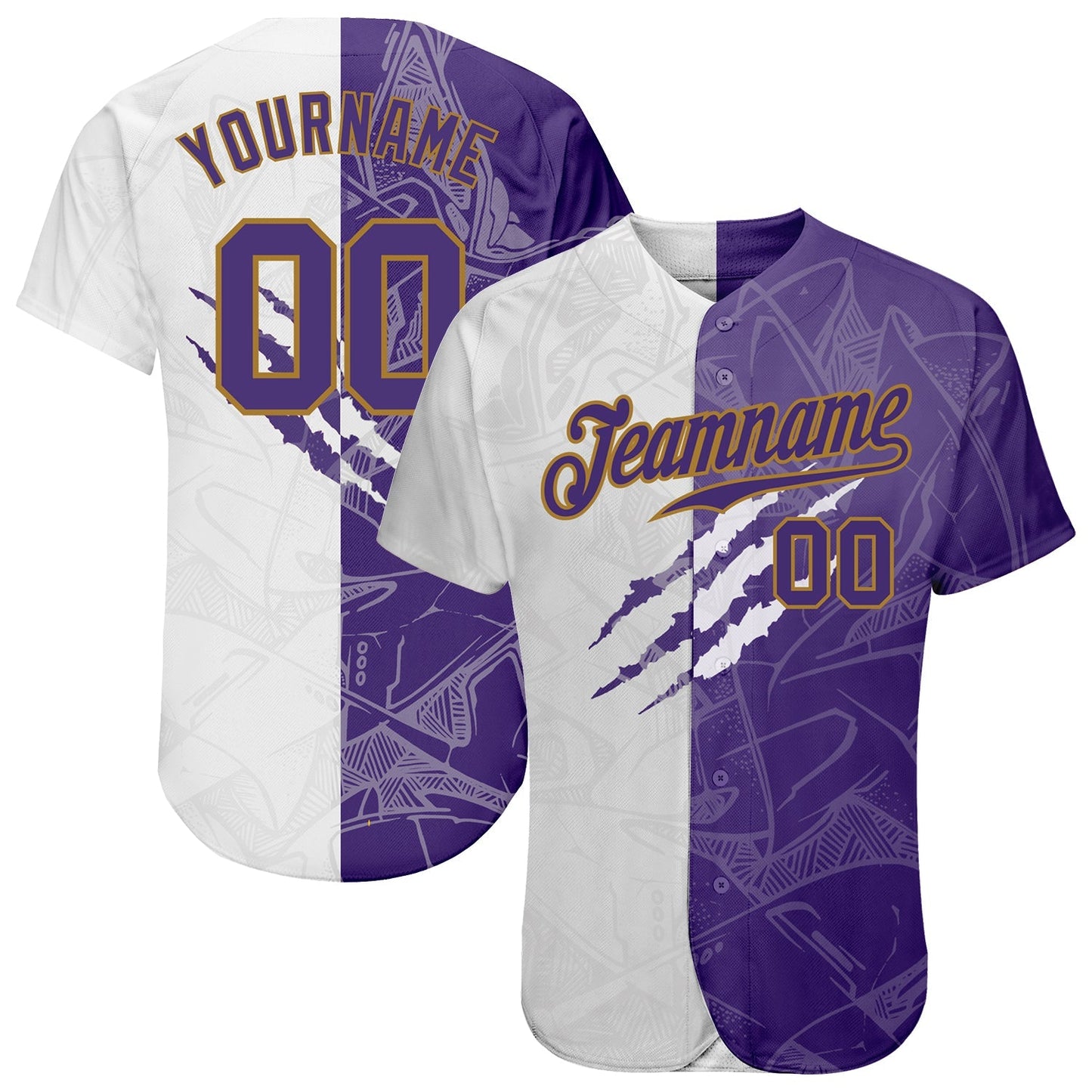 Custom Graffiti Pattern Purple-Old Gold 3D Authentic Baseball Jersey baseball jersey product view 1