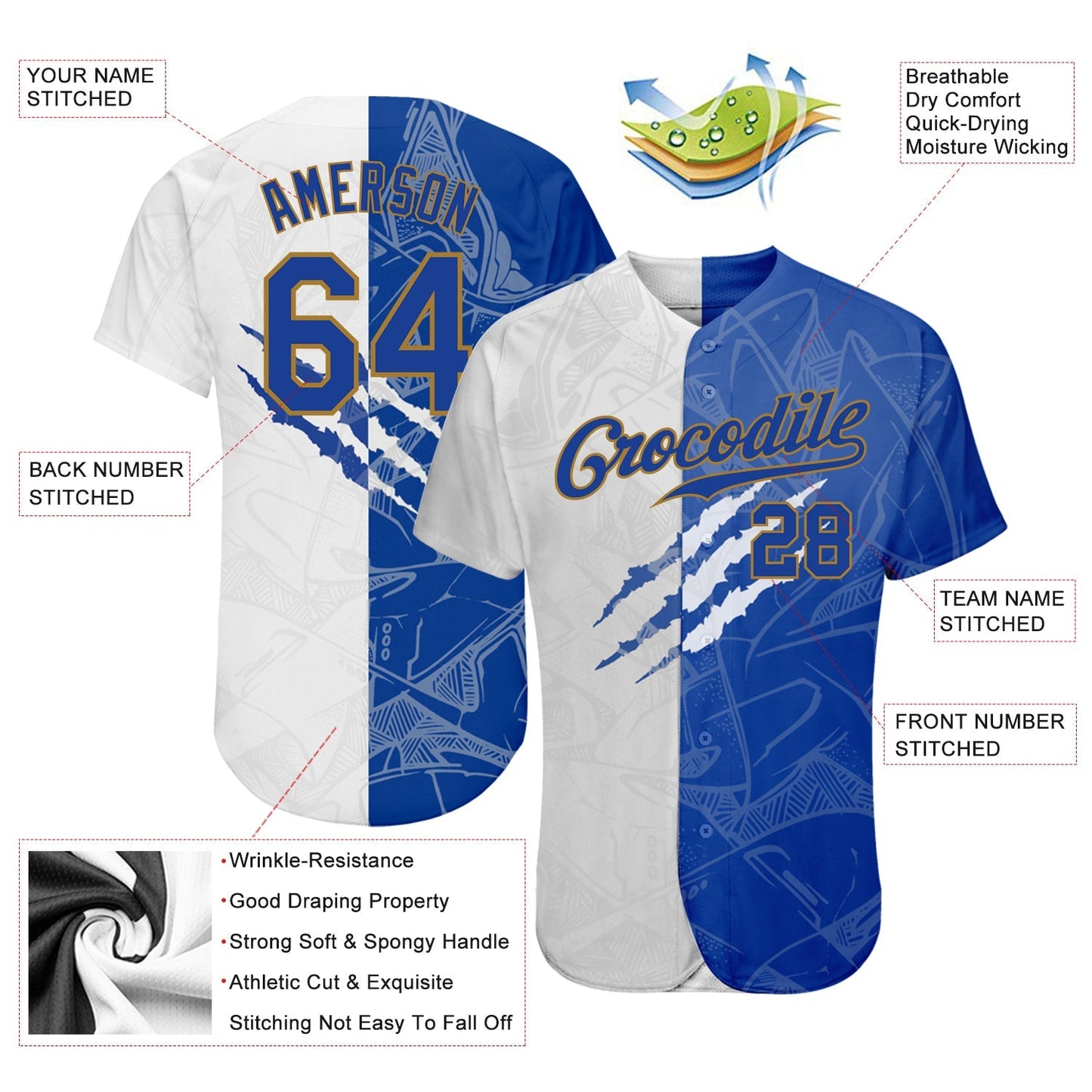 Custom Graffiti Pattern Royal-Old Gold 3D Authentic Baseball Jersey baseball jersey product view 3