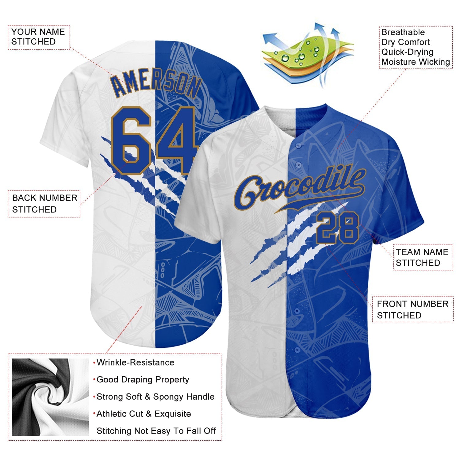 Custom Graffiti Pattern Royal-Old Gold 3D Authentic Baseball Jersey baseball jersey product view 3