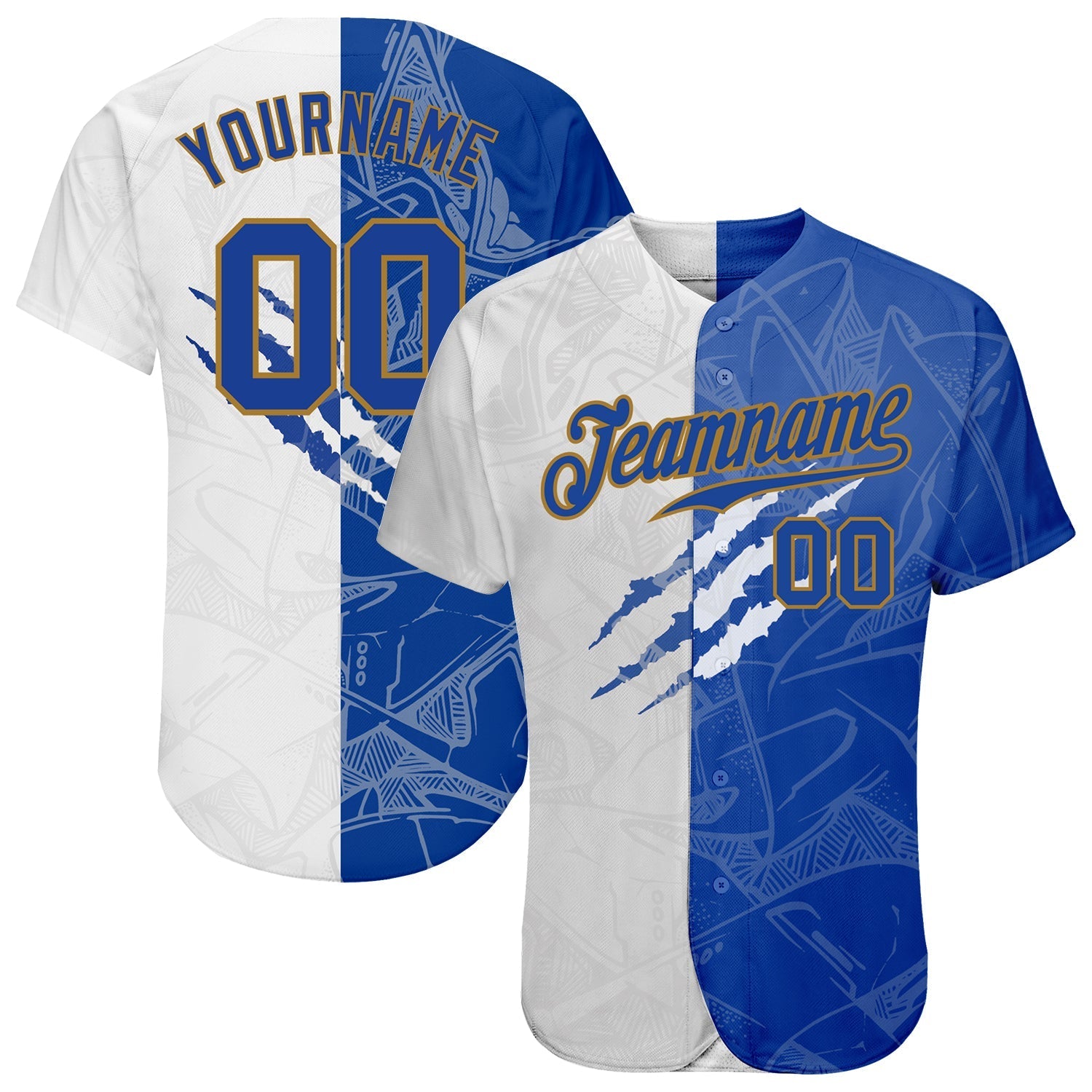 Custom Graffiti Pattern Royal-Old Gold 3D Authentic Baseball Jersey baseball jersey product view 1