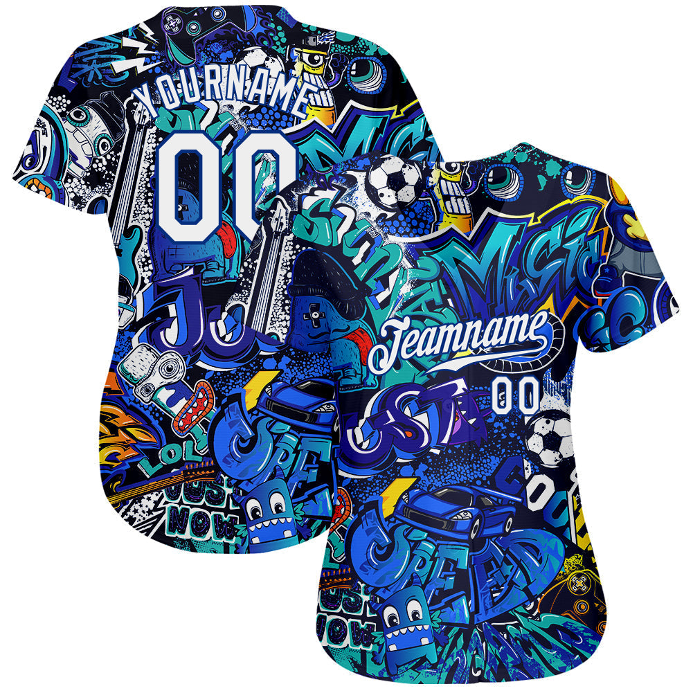 Custom Graffiti Pattern White-Royal 3D Authentic Baseball Jersey baseball jersey product view 2