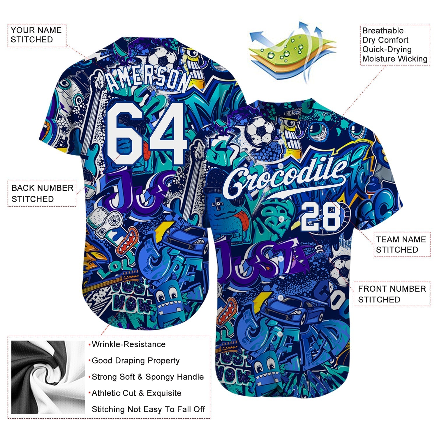 Custom Graffiti Pattern White-Royal 3D Authentic Baseball Jersey baseball jersey product view 3