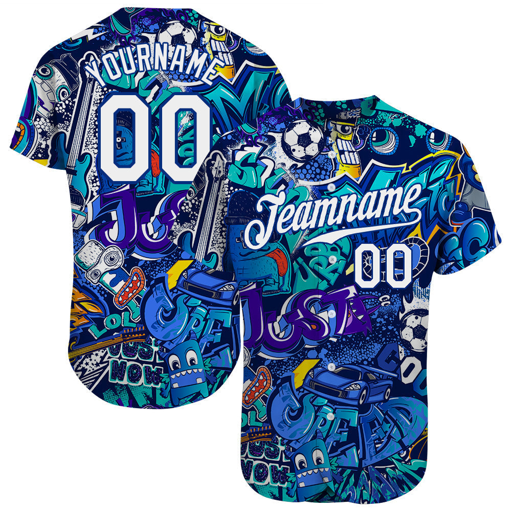 Custom Graffiti Pattern White-Royal 3D Authentic Baseball Jersey baseball jersey product view 1